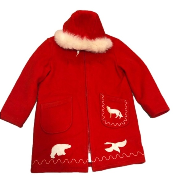 VTG Kelsey Trail Inuvik Red Virgin Wool Coat w Embroiderd Outer Shell Sz 19 / XL - Picture 3 of 13